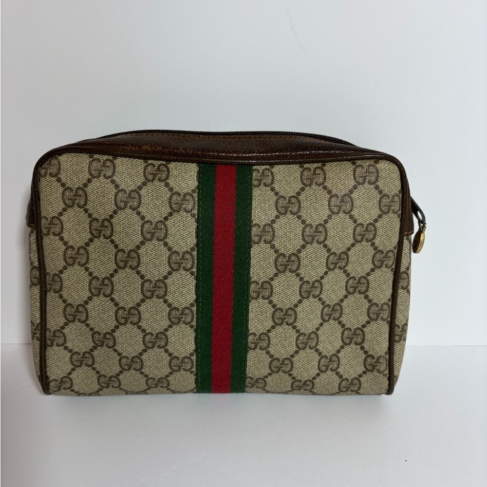 AUTHENTIC Gucci Brown GG Canvas CLUTCH/Toiletry Bag with Green-Red Stripe
